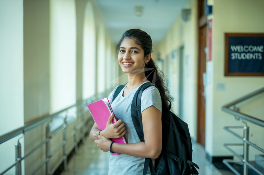Confident Student with Backpack Standing in Educational Institution's Hallway