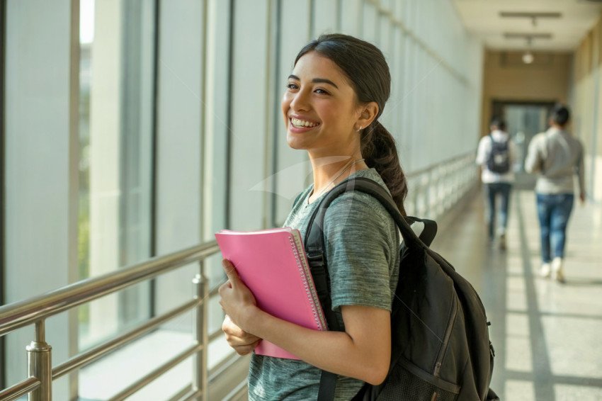 Smiling Young Woman Holding Notebook in Bright Educational Hallway
