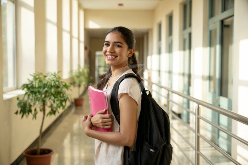 Smiling Student Holding Notebook in Bright School Hallway