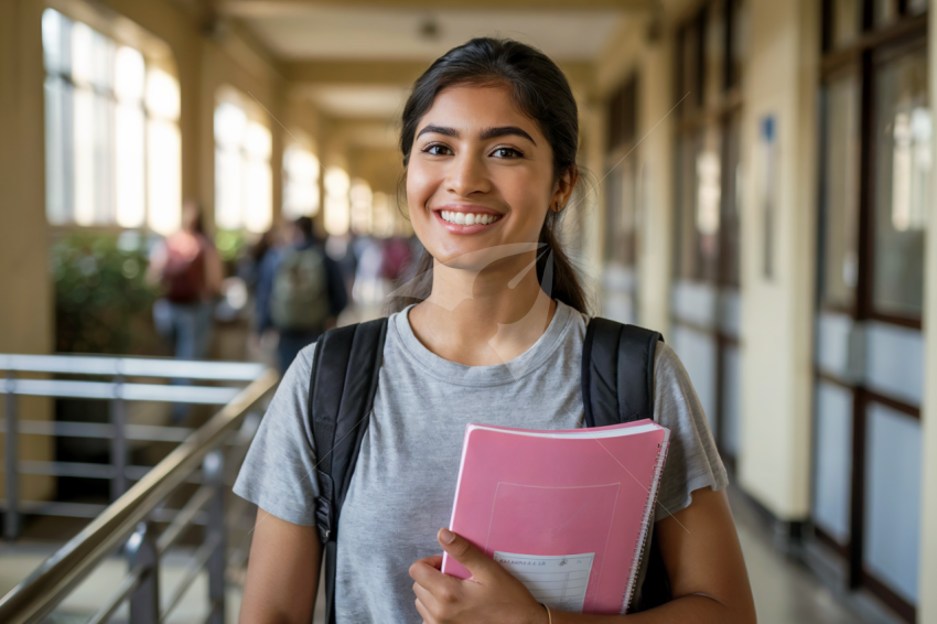 Confident College Student Holding Notebook in College Corridor Smiling Brightly