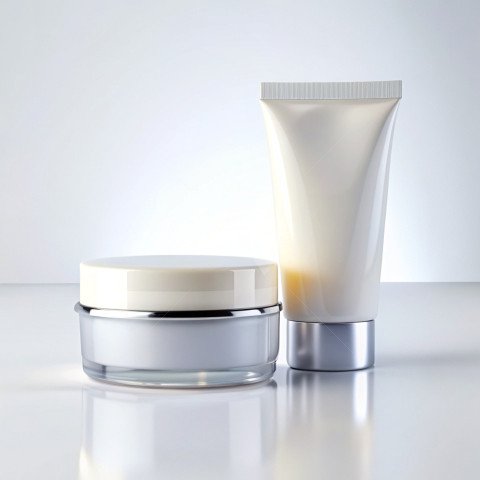 Cosmetic cream tube and jar  front on a white background