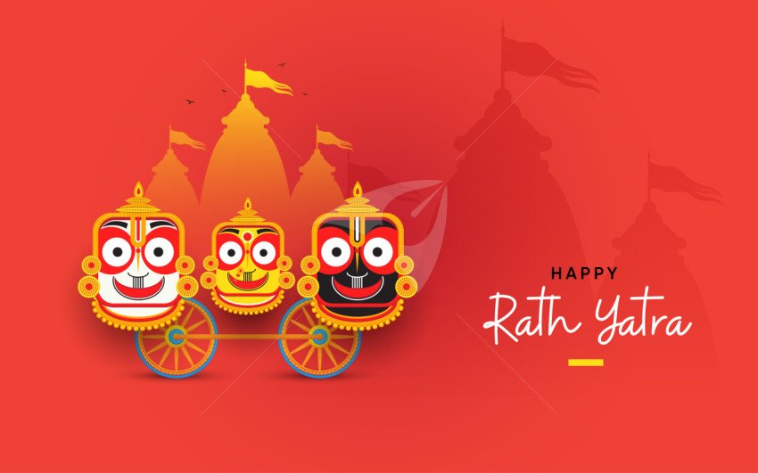 Hindu Festival Illustration Featuring Rath Yatra and Deity Icons on Vibrant Background