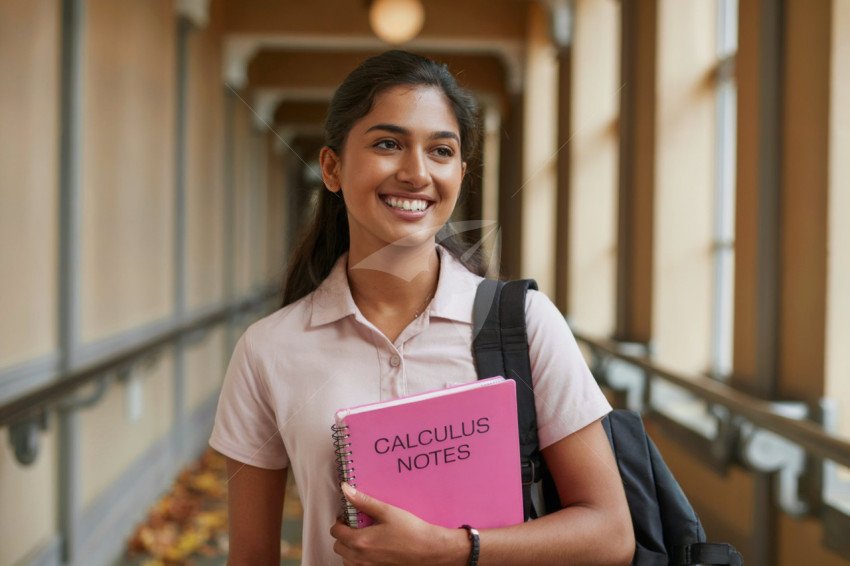 Student smiles while holding calculus notes in a college hallway
