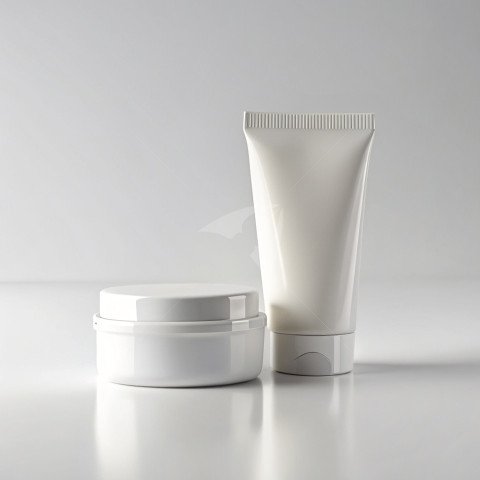 Cosmetic cream tube and jar  front on a white background