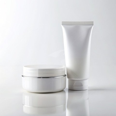 Cosmetic cream tube and jar  front on a white background