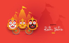 Hindu Festival Illustration Featuring Rath Yatra and Deity Icons on Vibrant Background